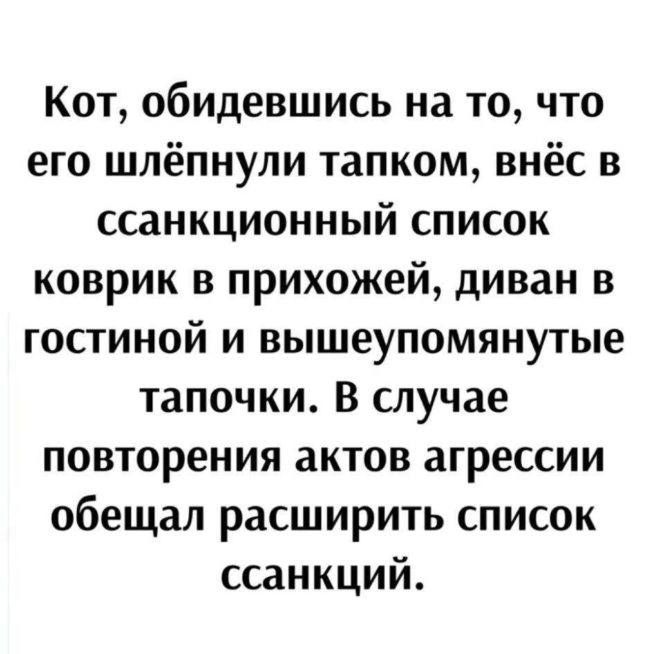 Кот обидевшись на то что его шлёпнули тапком внёс в ссанкционный список коврик в прихожей диван в гостиной и вышеупомянутые тапочки В случае повторения актов агрессии обещал расширить список ссанкций