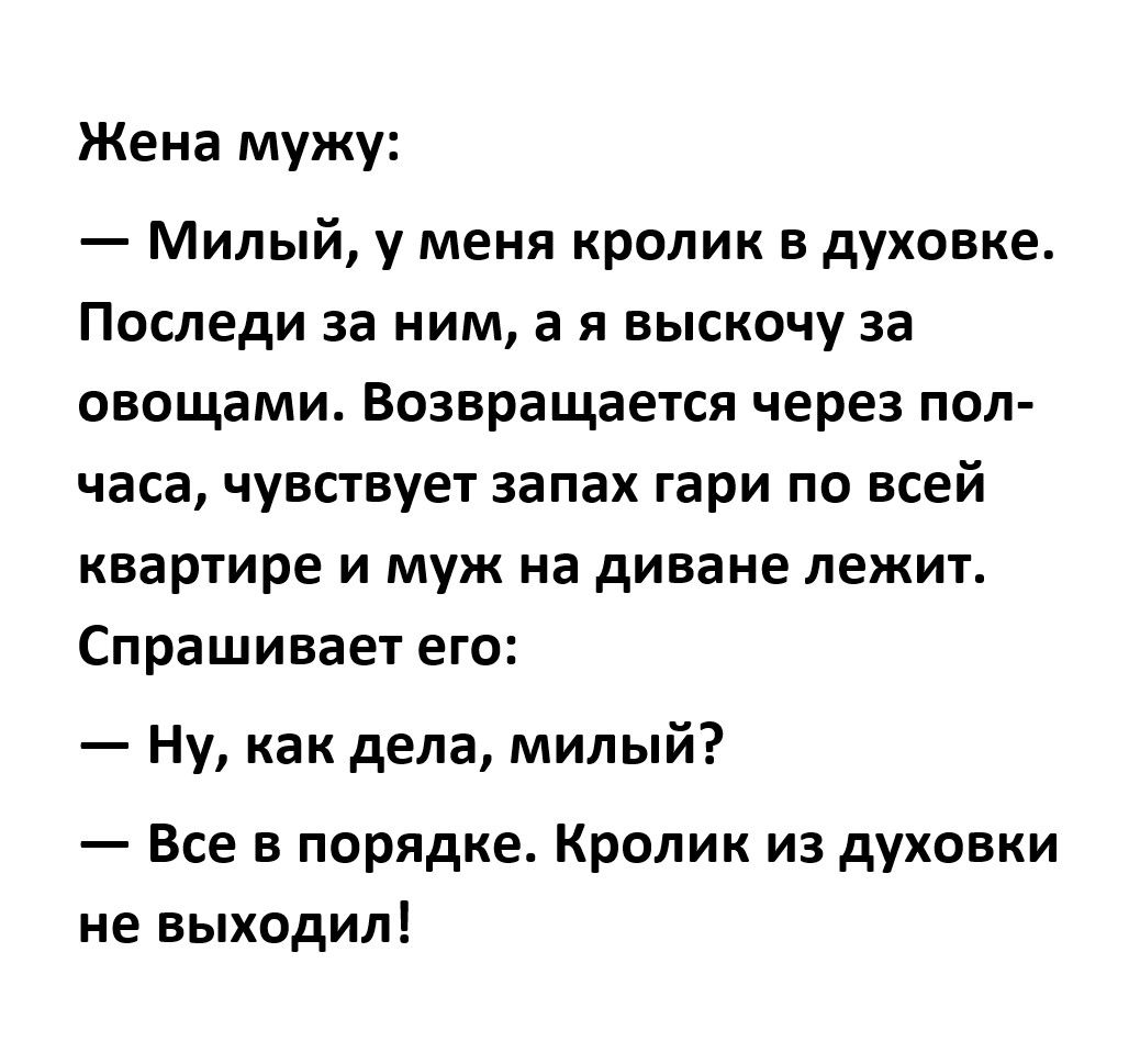 Жена мужу Милый у меня кролик в духовке Последи за ним а я выскочу за овощами Возвращается через пол часа чувствует запах гари по всей квартире и муж на диване лежит Спрашивает его Ну как дела милый Все в порядке Кролик из духовки не выходил