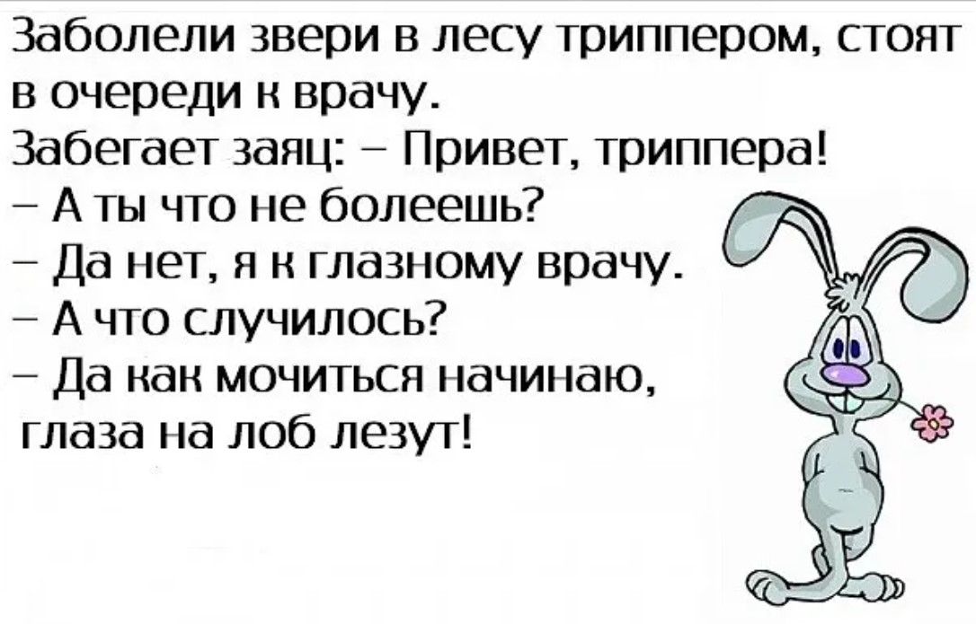 Заболели звери в лесу триппером стоят в очереди к врачу Забегает заяц Привет триппера Аты что не болеешь Да нет я к глазному врачу Ачто случилось Да как мочиться начинаю глаза на лоб лезут