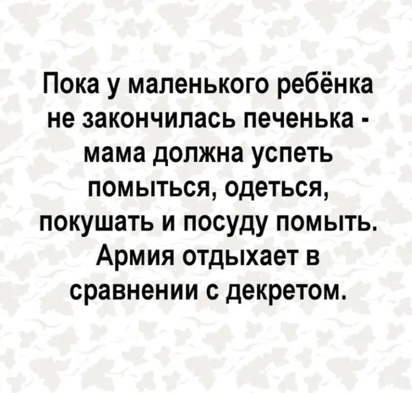 Пока у маленького ребёнка не закончилась печенька мама должна успеть помыться одеться покушать и посуду помыть Армия отдыхает в сравнении с декретом