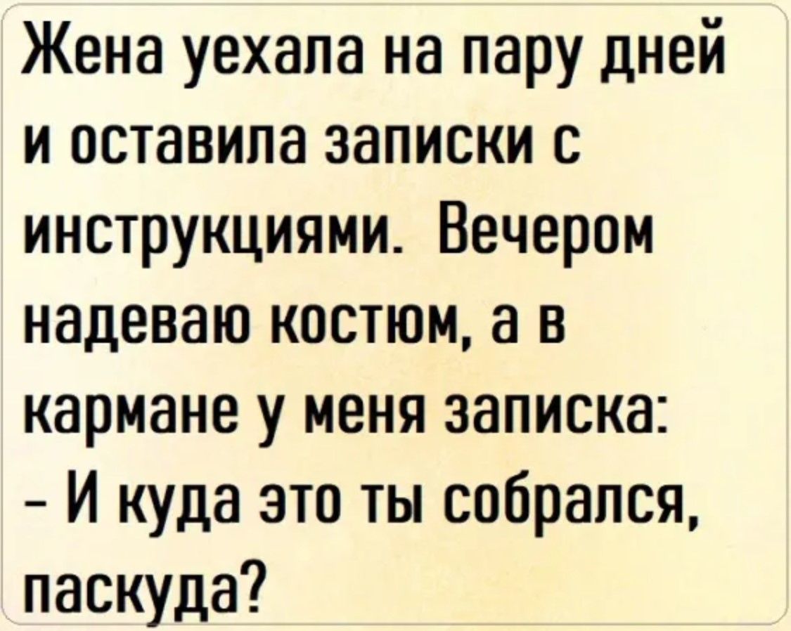 Жена уехала на пару дней и оставила записки с инструкциями Вечером надеваю костюм а в кармане у меня записка Й куда это ты собрался паскуда