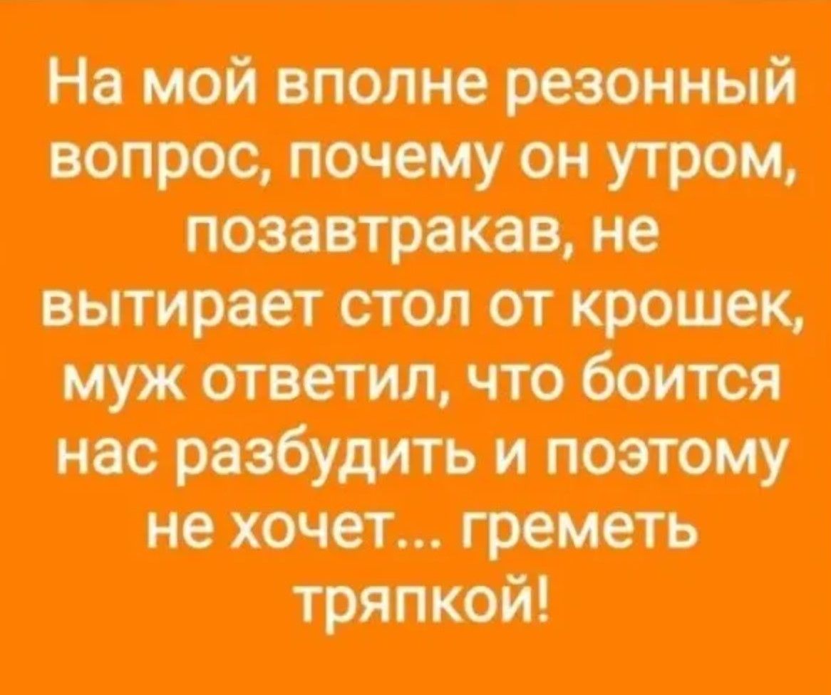 На мой вполне резонный вопрос, почему он утром, позавтракав, не вытирает стол от крошек, муж ответил, что боится нас разбудить и поэтому не хочет... греметь тряпкой!