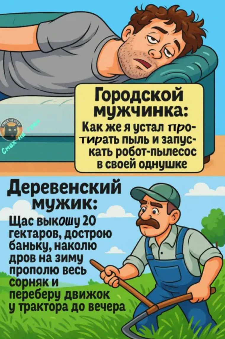 Городской мужичка: Как же я устал протирать пыль и запускать робот-пылесос в своей однушке.
Деревенский мужик: Щас выкошу 20 гектаров, дострою баньку, наколю дров на зиму, прополю весь сорняк и переберу движок у трактора до вечера.