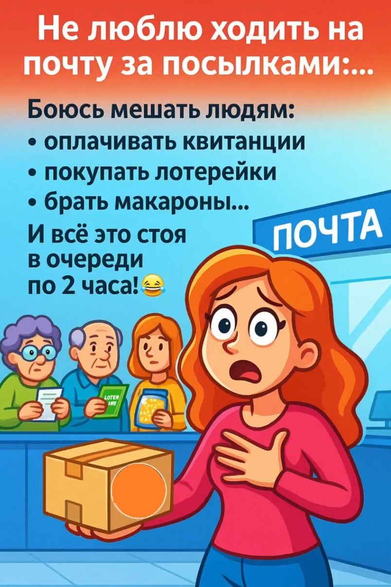Не люблю ходить на почту за посылками:...
Боюсь мешать людям:
• оплачивать квитанции
• покупать лотерейки
• брать макароны...
И всё это стоя в очереди по 2 часа! 😂