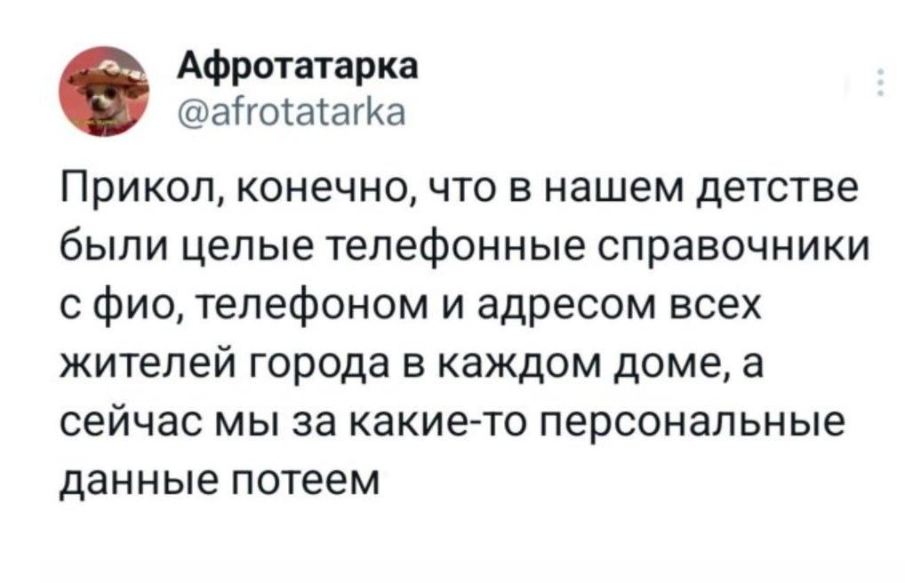 Прикол, конечно, что в нашем детстве были целые телефонные справочники с фио, телефоном и адресом всех жителей города в каждом доме, а сейчас мы за какие-то персональные данные потомем