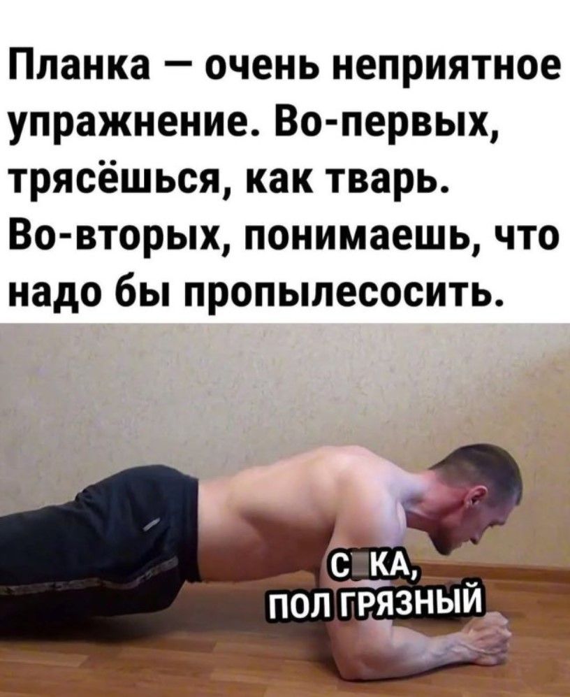 Планка — очень неприятное упражнение. Во-первых, трясёшься, как тварь. Во-вторых, понимаешь, что надо бы пропылесосить.