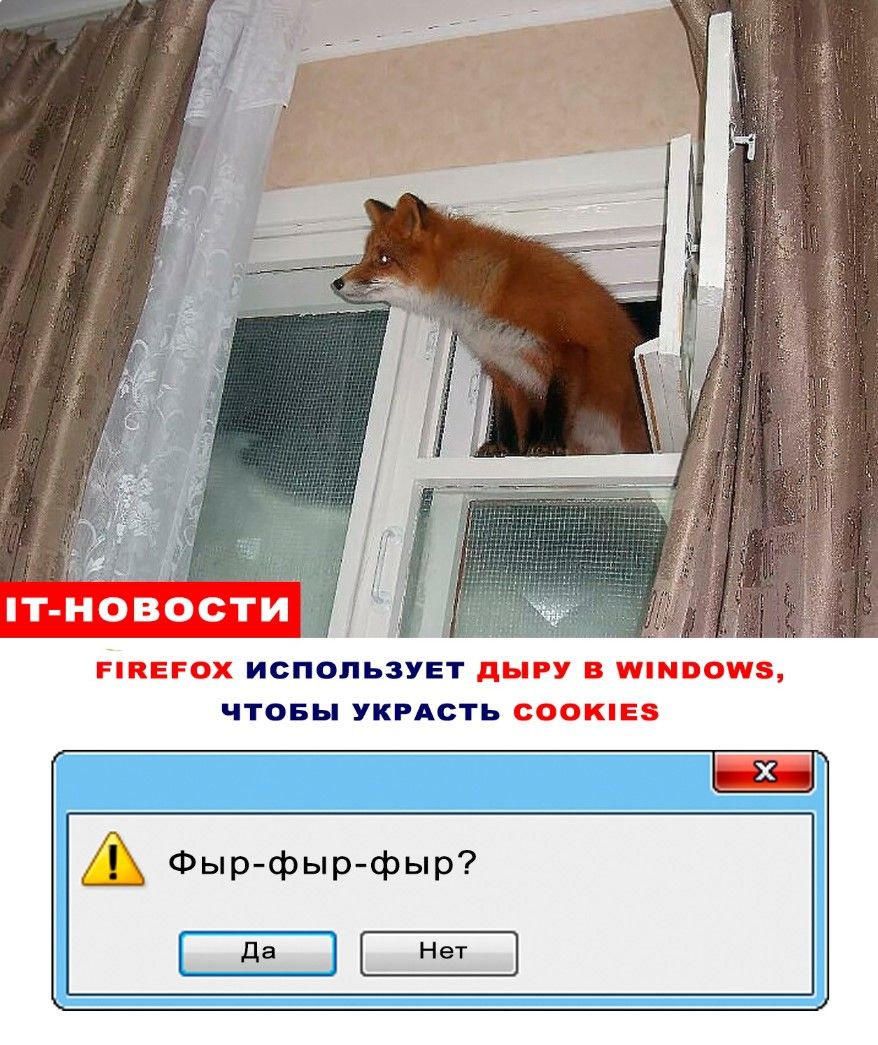 IT-НОВОСТИ
FIREFOX ИСПОЛЬЗУЕТ ДЫРУ В WINDOWS, ЧТОБЫ УКРАСТЬ COOKIES

Фыр-фыр-фыр?
Да
Нет