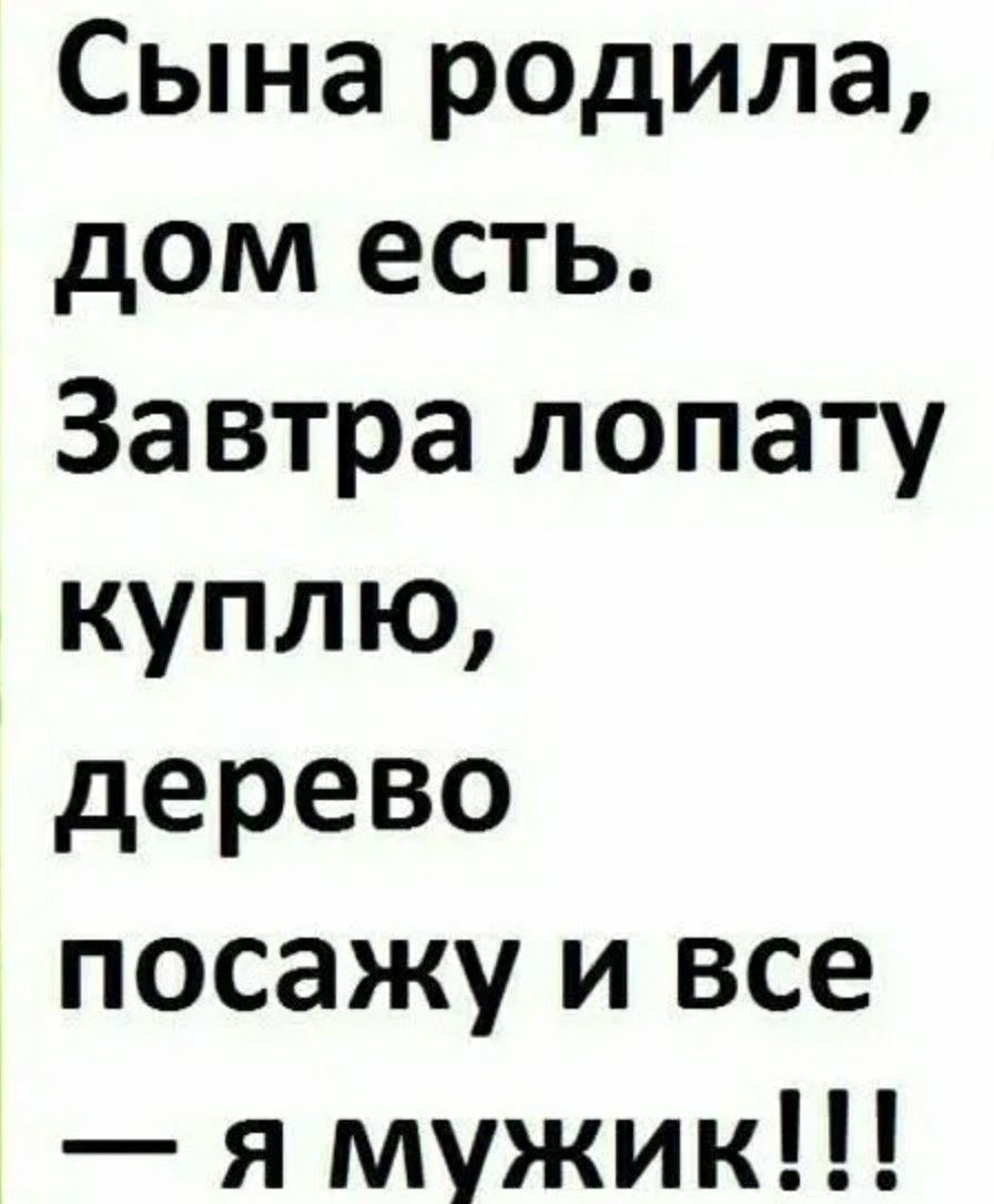 Сына родила, дом есть.
Завтра лопату куплю, дерево посажу и все — я мужик!!!