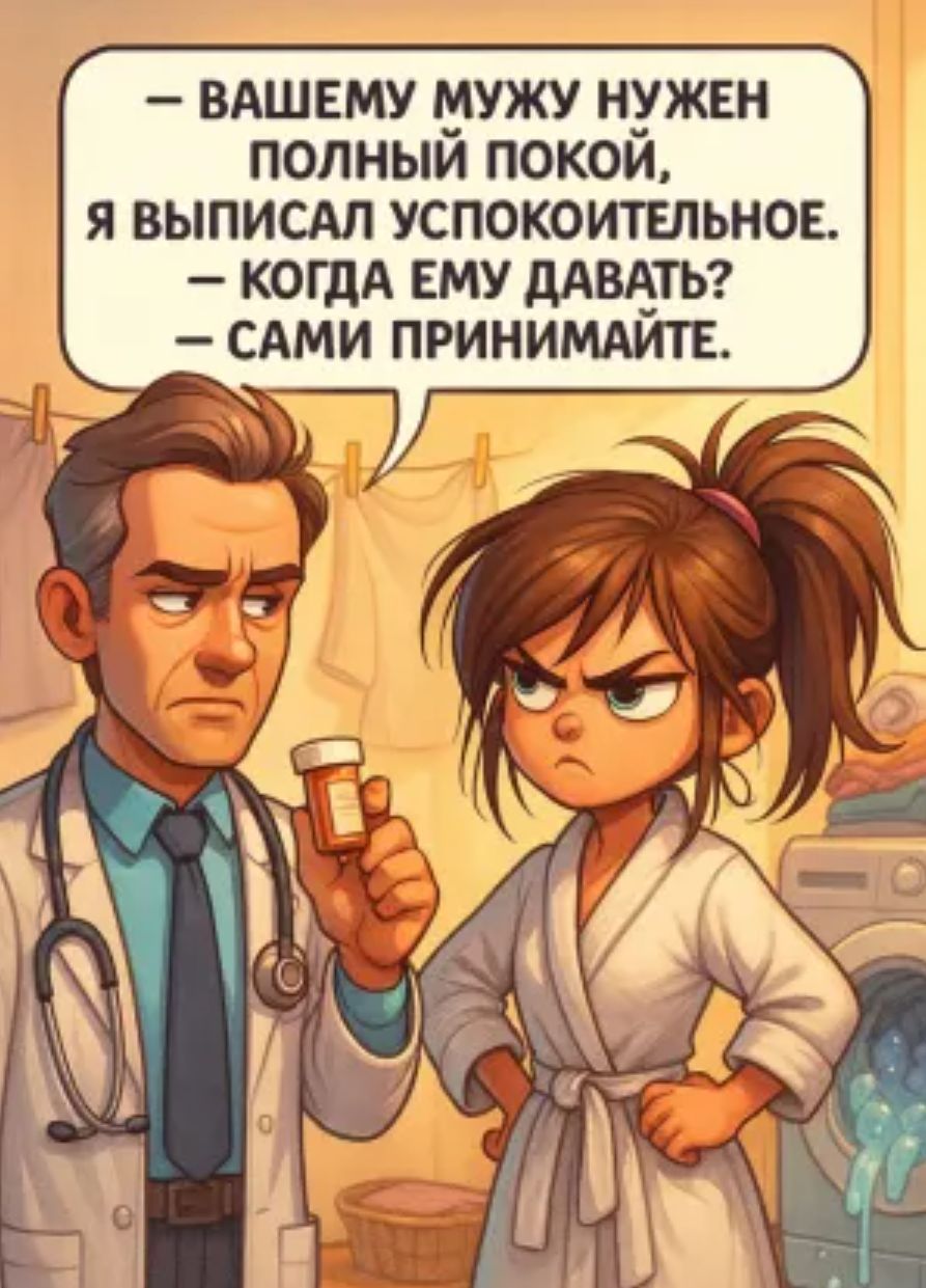 — Вашему мужу нужен полный покой, я выписал успокоительное. — Когда ему давать? — Сами принимайте.