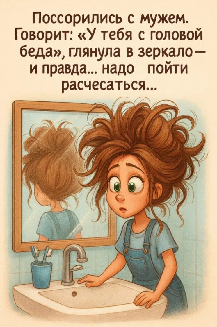 Поссорились с мужем. Говорит: «У тебя с головой беда», глянула в зеркало — и правда... надо пойти расчeсаться...