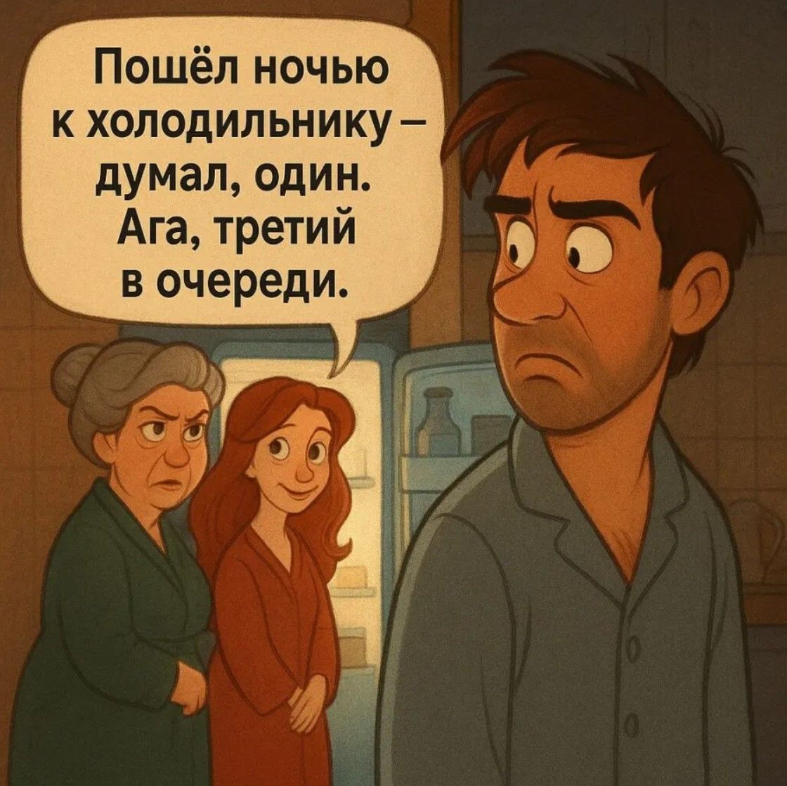 Пошёл ночью к холодильнику — думал, один. Ага, третий в очереди.