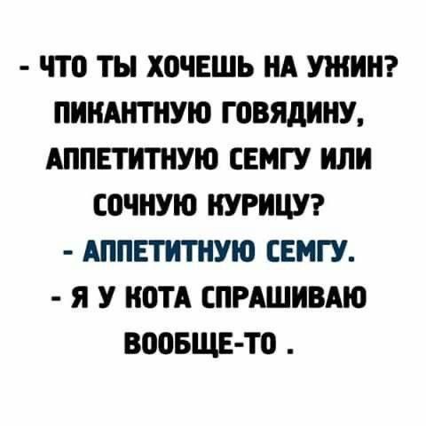 - ЧТО ТЫ ХОЧЕШЬ НА УЖИН? ПИКАНТНУЮ ГОВЯДИНУ, АППЕТИТНУЮ СЕМГУ ИЛИ СОЧНУЮ КУРИЦУ? - АППЕТИТНУЮ СЕМГУ. - Я У КОТА СПРАШИВАЮ ВСЕОБЩЕТО.