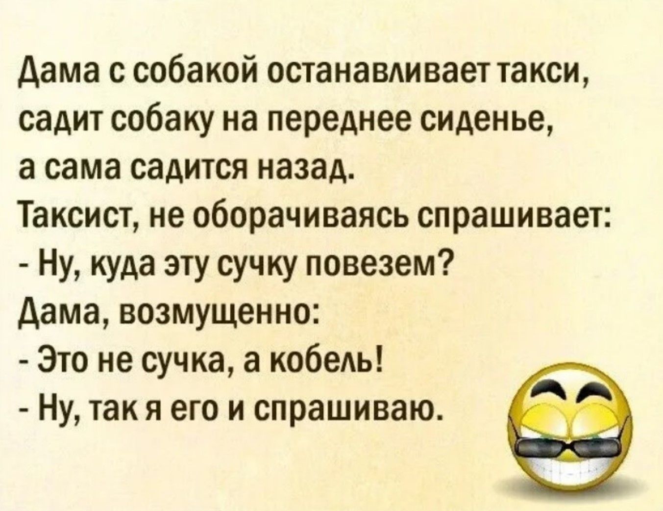 Дама с собакой останавливает такси, садит собаку на переднее сиденье, а сама садится назад. Таксист, не оборачиваясь спрашивает: - Ну, куда эту сучку повезем? Дама, возмущенно: - Это не сучка, а кобель! - Ну, так я его и спрашиваю.