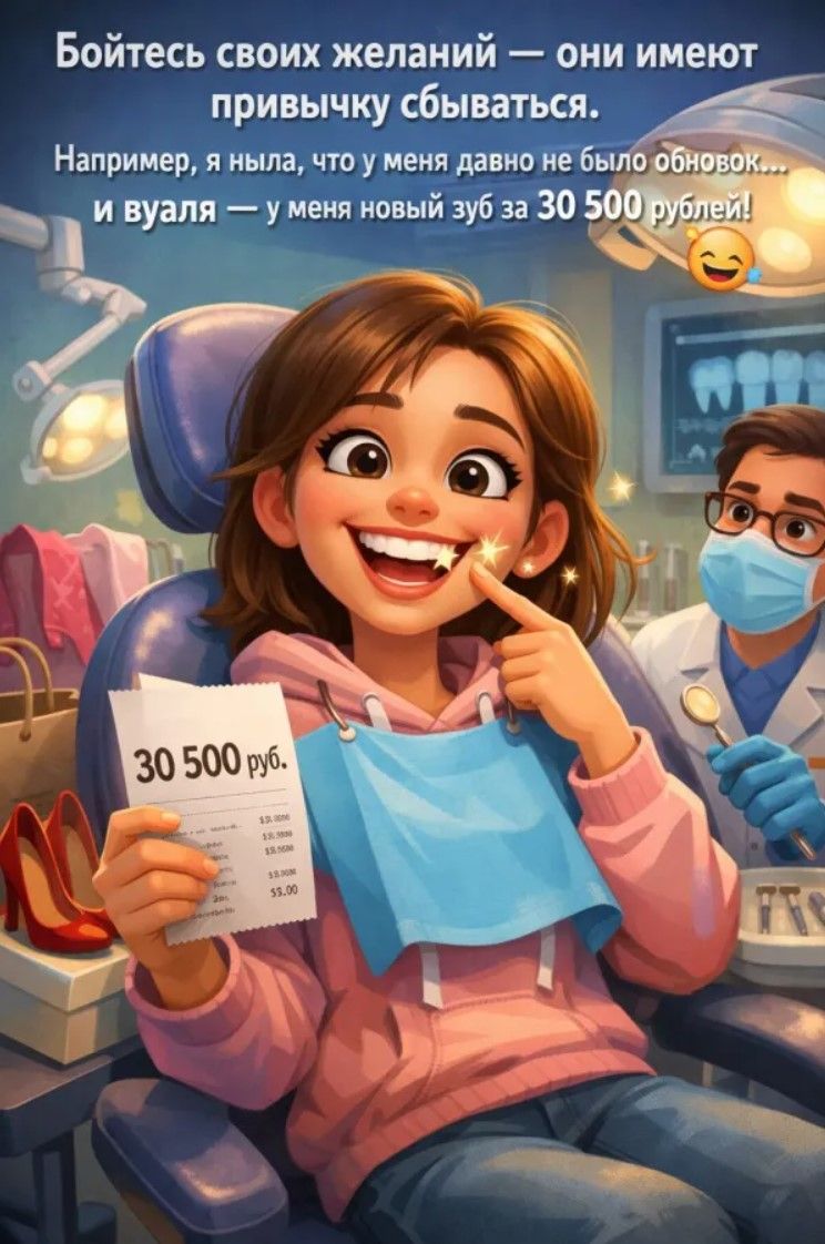 Бойтесь своих желаний — они имеют привычку сбываться. Например, я ныла, что у меня давно не было обновок... и вот — у меня новый зуб за 30 500 рублей!