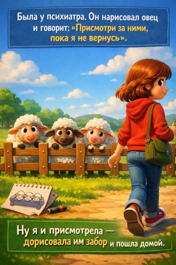 Была у психиатра. Он нарисовал овец и говорит: «Присмотри за ними, пока я не вернусь». Ну я и присмотрела — дорисовала им забор и пошла домой.