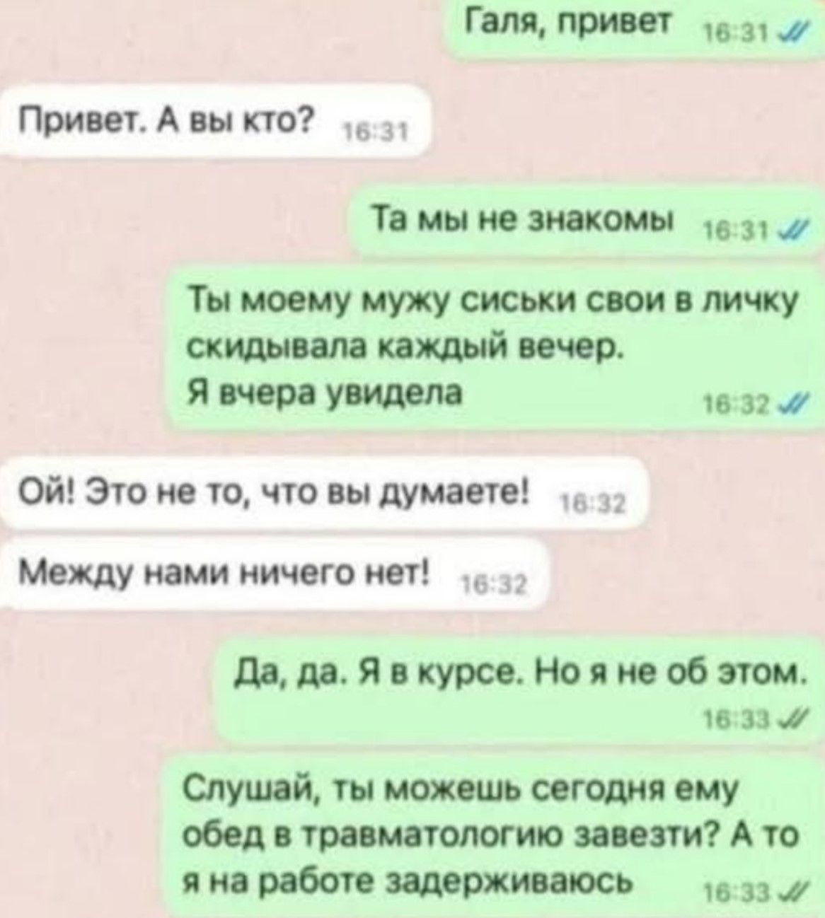 Галя, привет 531 /
Привет. А вы кто? — 6:31

Та мы не знакомы 1631 7

Ты моему мужу сиськи свои в личку
скидывала каждый вечер.
Я вчера увидела 16:32 /

©ОЙ! Это не то, что вы думаете! 4 12

Между нами ничего нет! 532

Да, да. Я в курсе. Но я не об этом.
16:33 4/

Слушай, ты можешь сегодня ему
обед в травматологию завезти? А то
яна работе задерживаюсь — 1633 ./
