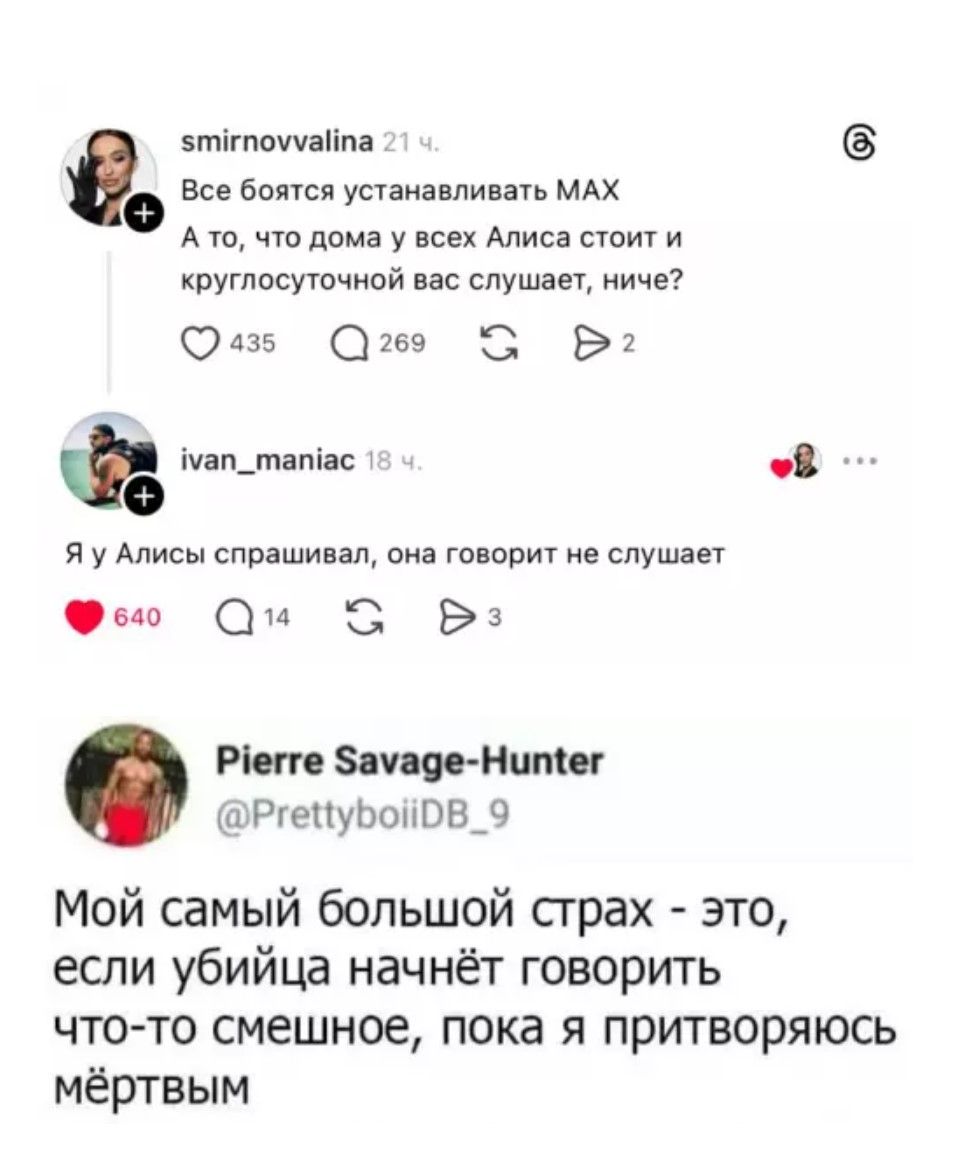 Все боятся устанавливать MAX А то, что дома у всех Алиса стоит и круглосуточной вас слушает, ничего? Я у Алисы спрашивал, она говорит не слушает. Мой самый большой страх - это, если убийца начнёт говорить что-то смешное, пока я притворяюсь мёртвым