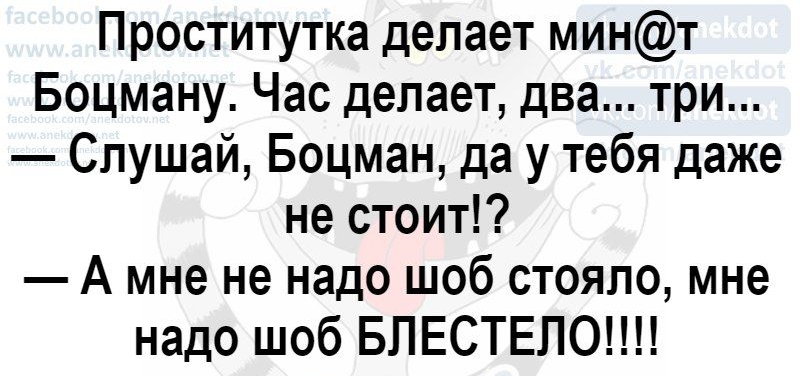 Проститутка делает минт Боцману Час делает два три Слушай Боцман да у тебя даже не стоит А мне не надо шоб стояло мне надо шоб БЛЕСТЕПО