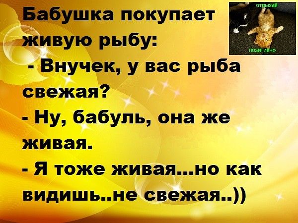 ища покупает яживую рыбу _ д _ Внучек у вас рыба свежая Ну бабуль она же живая Я тоже живаяно как видишьне свежая __