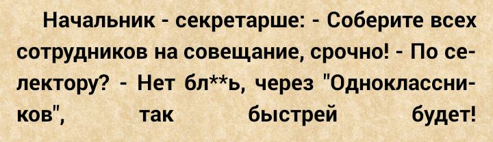 Начальник секретарше Соберите всех сотрудников на совещание срочно По се лектору Нет бль через Одноклассни ков так быстрей будет