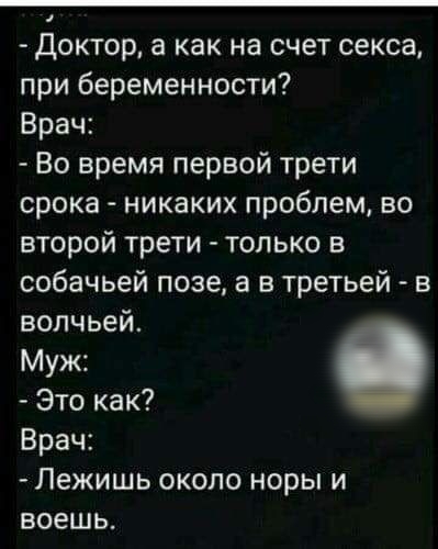 Доктор а как на счет секса при беременности Врач Во время первой трети срока никаких проблем во второй трети только в собачьей позе а в третьей в волчьей Муж Это как Врач Лежишь около норы и воешь