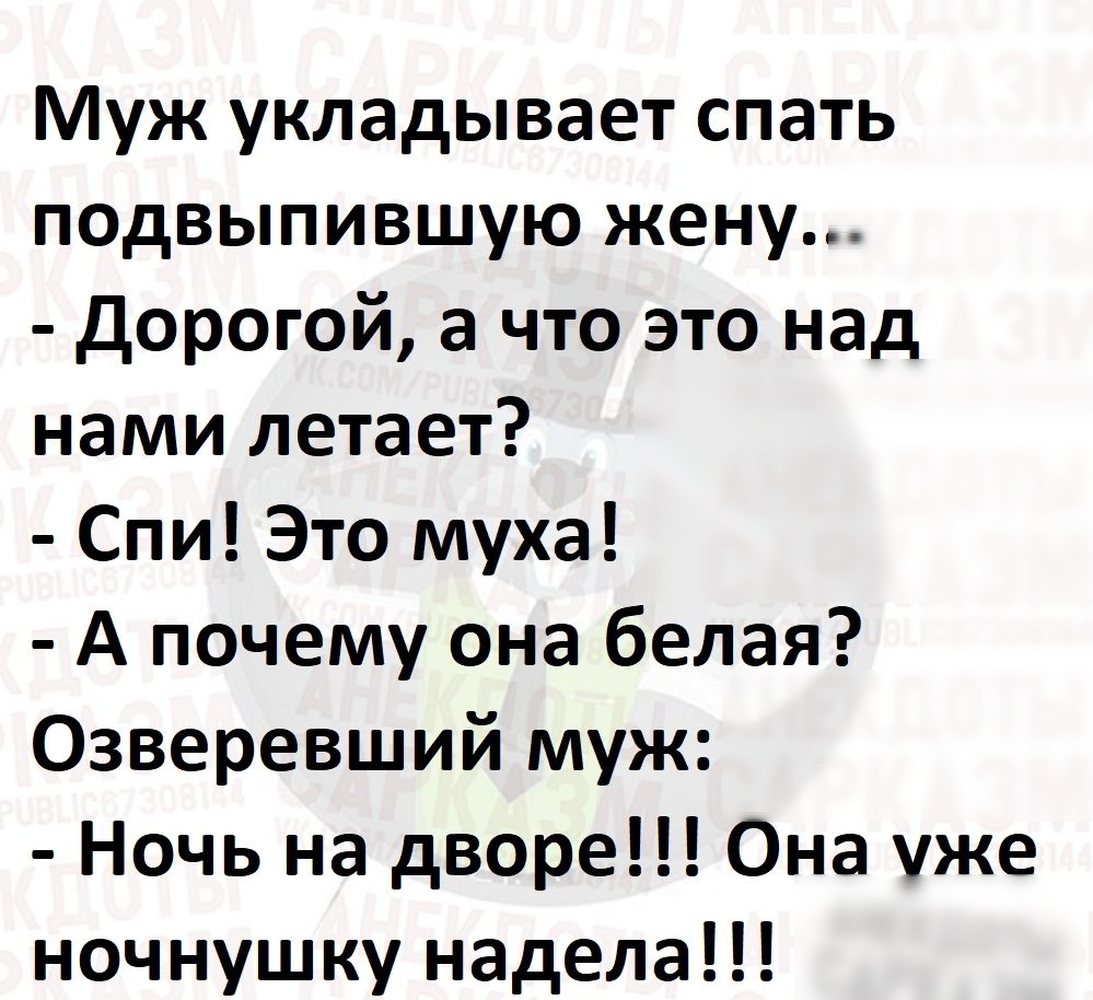 Муж укладывает спать подвыпившую жену Дорогой а что это над нами летает Спи Это муха А почему она белая Озверевший муж Ночь на дворе Она уже ночнушку надела