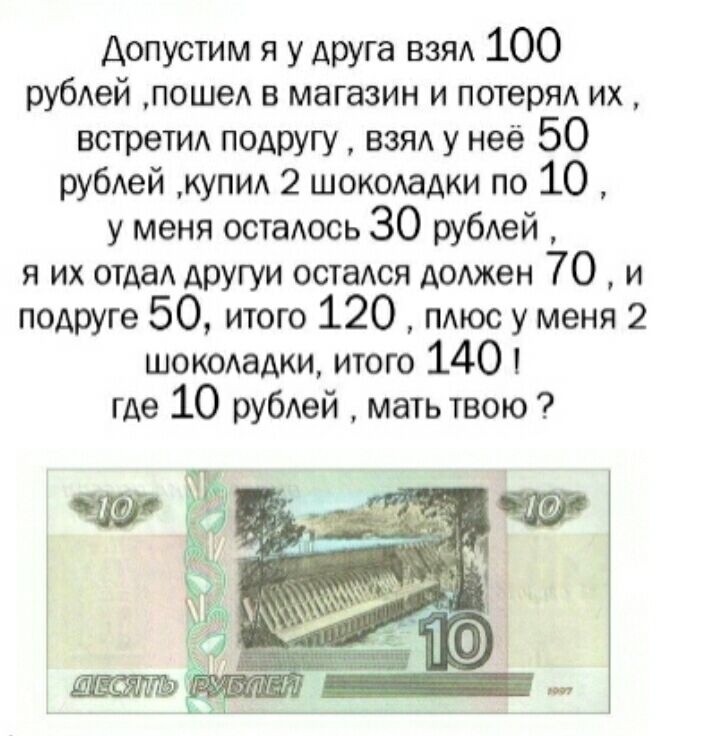 Допустим я у друга ввп 100 рубАей пошеА в магазин и потеря их встретид подругу взя у неё 50 рубтей купид 2 шокодадки по 10 у меня остаАось 30 рубтей я их отдаА другуи остася АОАжеН 70 и подруге 50 итого 120 пдюс у меня 2 шокодадки итого 140 где 10 рубей мать твою