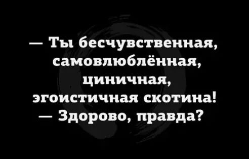 Ты бесчувственная самовлюблённая циничная эгоистичная скотина Здорово правда