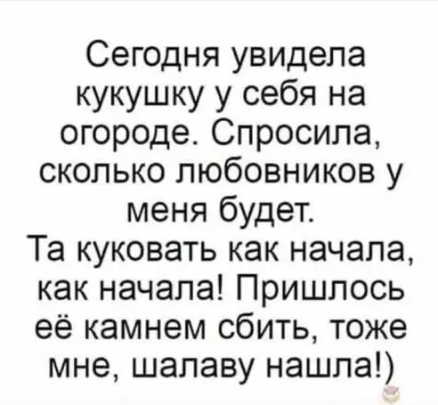 Сегодня увидела кукушку у себя на огороде Спросила сколько любовников у меня будет Та куковать как начала как начала Пришлось её камнем сбить тоже мне шалаву нашла