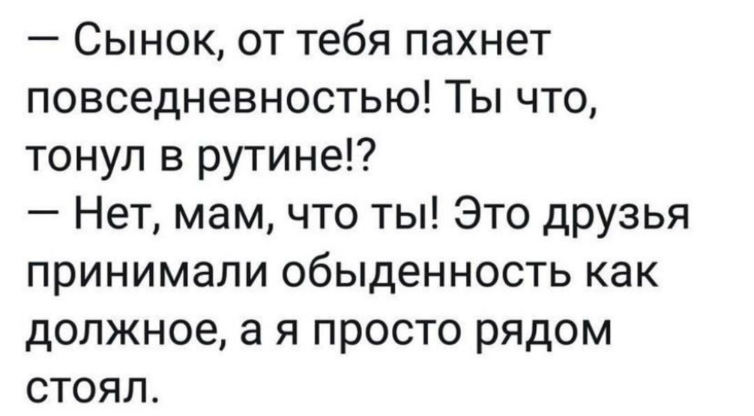 Сынок от тебя пахнет повседневностью Ты что тонул в рутине Нет мам что ты Это друзья принимали обыденность как должное а я просто рядом стоял