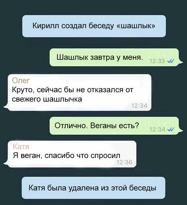 Кирипп создап беседу пык Шашлык завтра у меня Опег Круто сейчас бы не отказался от свежего шашлычка Отлично Веганы есть Я веган спасибо что спросил Катя была удалена из этой беседы