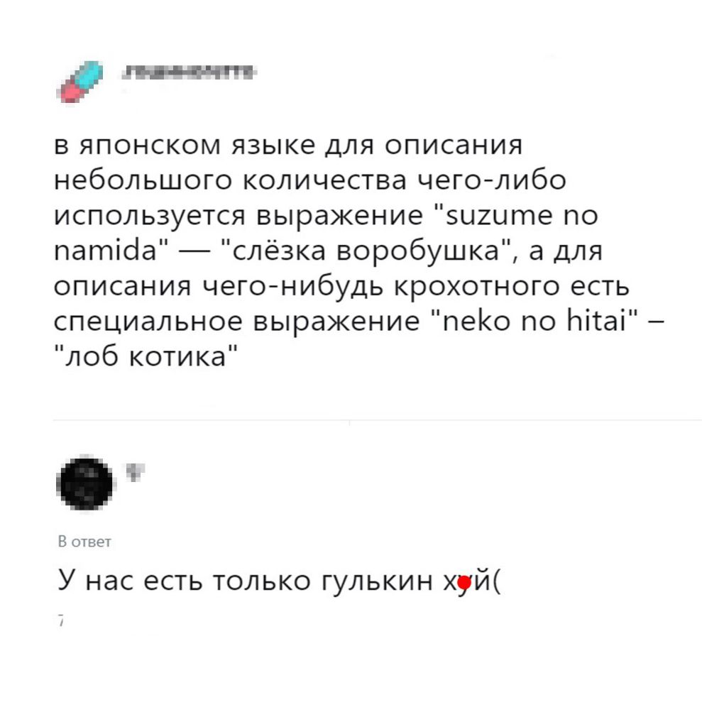 111 в японском языке для описания небольшого количества чего либо используется выражение зыгцте по патісіа слёзка воробушка а для описания чегонибудь крохотного есть специальное выражение пео по Ьітаі лоб котика В ответ У нас есть только гулькин хуй