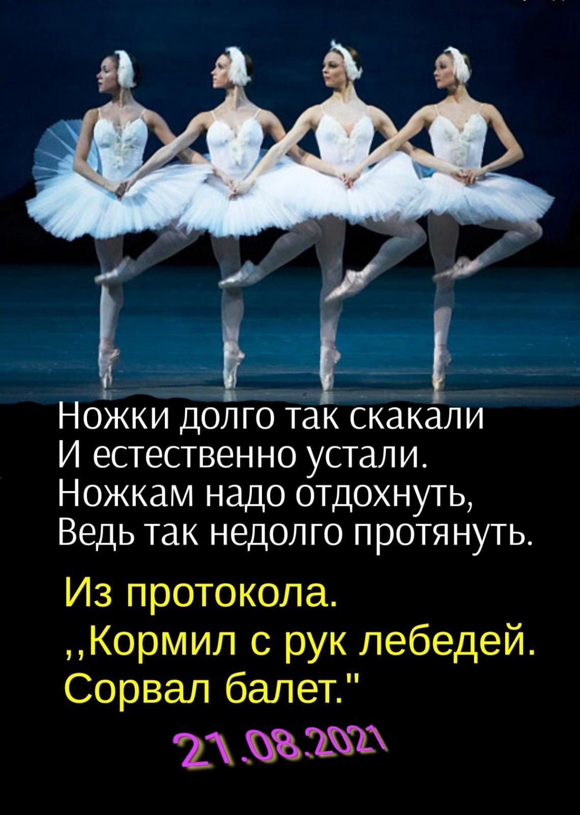 Ножки долго так скакали И естественно устали Ножкам надо отдохнуть Ведь так недолго протянуть Из протокола Кормил с рук лебедей Сорвал балет 73 жж