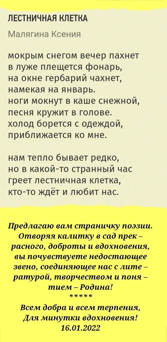 ЛЕСТНИЧНАЯ КЛЕТКА Маляги на Ксения мокрым снегом вечер пахнет в луже плещется фонарь на окне гербарий чахнет намекая на январь ноги мокнут в каше снежной песня кружит в голове холод борется с одеждой приближается ко мне нам тепло бывает редко но в какойто странный час греет лестничная клетка ктото ждёт и любит нас Предлагаю вам страничку поэзии Отворяя калитку в сад прек равного доброты и вдохнове