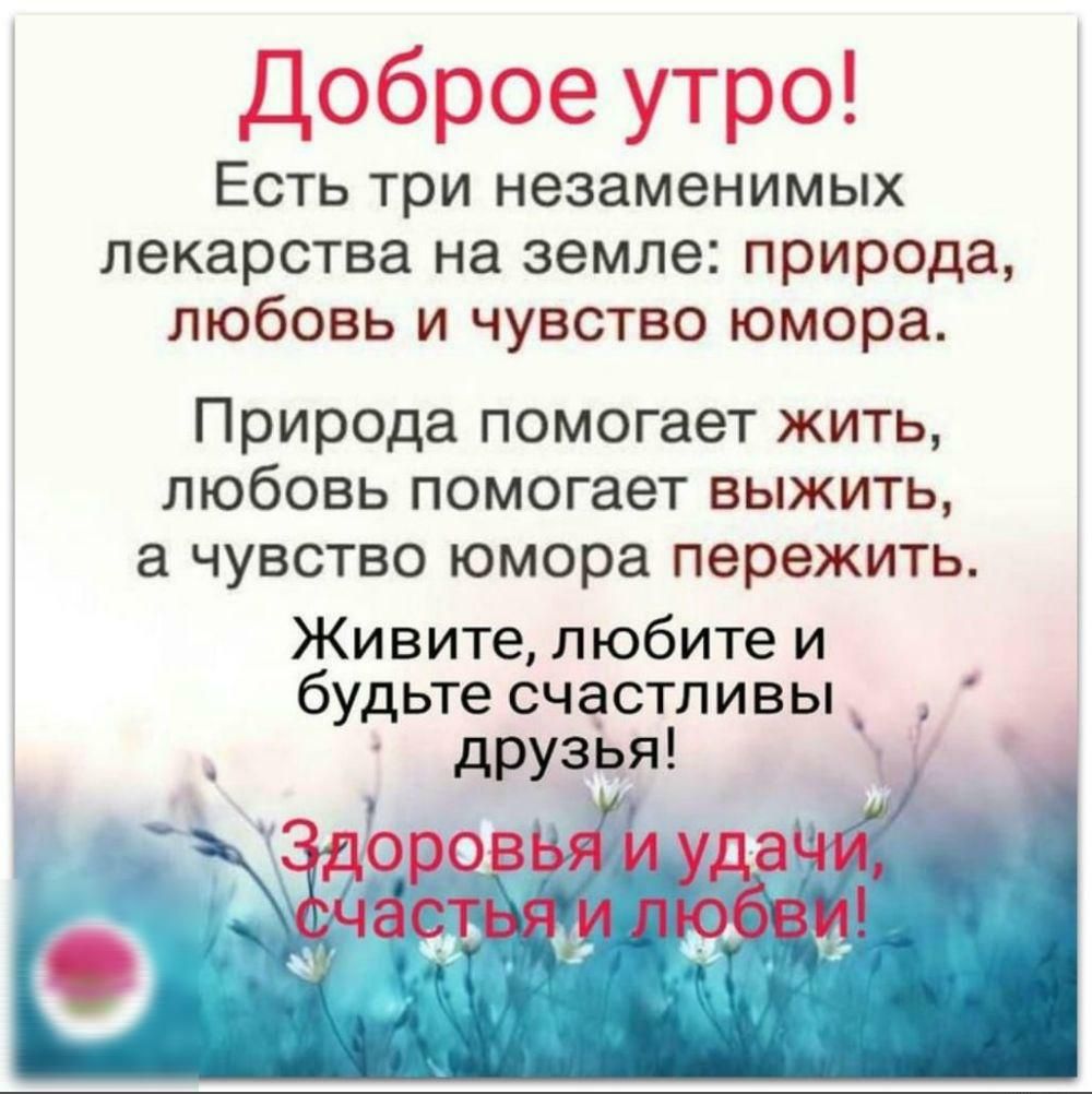 Доброе утро ЕСТЬ три незаменимых лекарства на земле природа любовь и чувство юмора Природа помогает жить любовь помогает выжить а чувство юмора пережить Живите любите и будьте счестливьд друзья