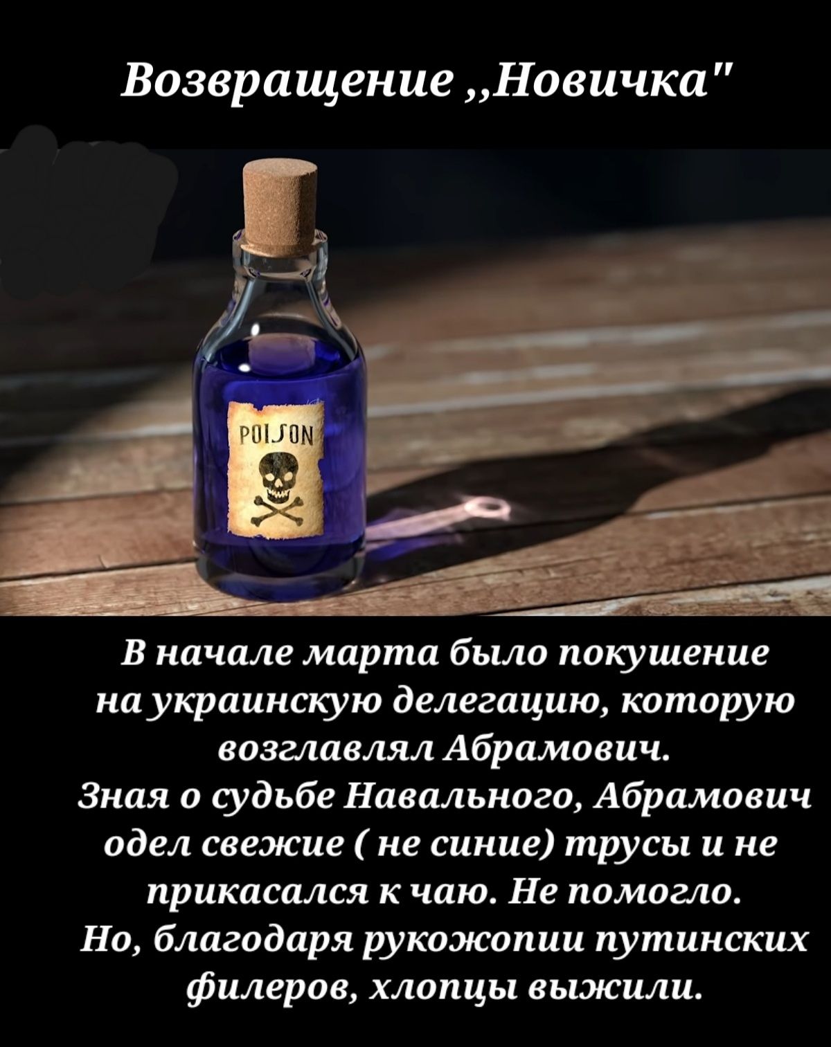 Возвращение Новичка В начале марта было покушение на украинскую делегацию которую возглавлял Абрамович Зная о судьбе Навального Абрамович одел свежие не синие трусы и не прикасался к чаю Не помогло Но благодаря рукожопии путинских филеров хлопцы выжили