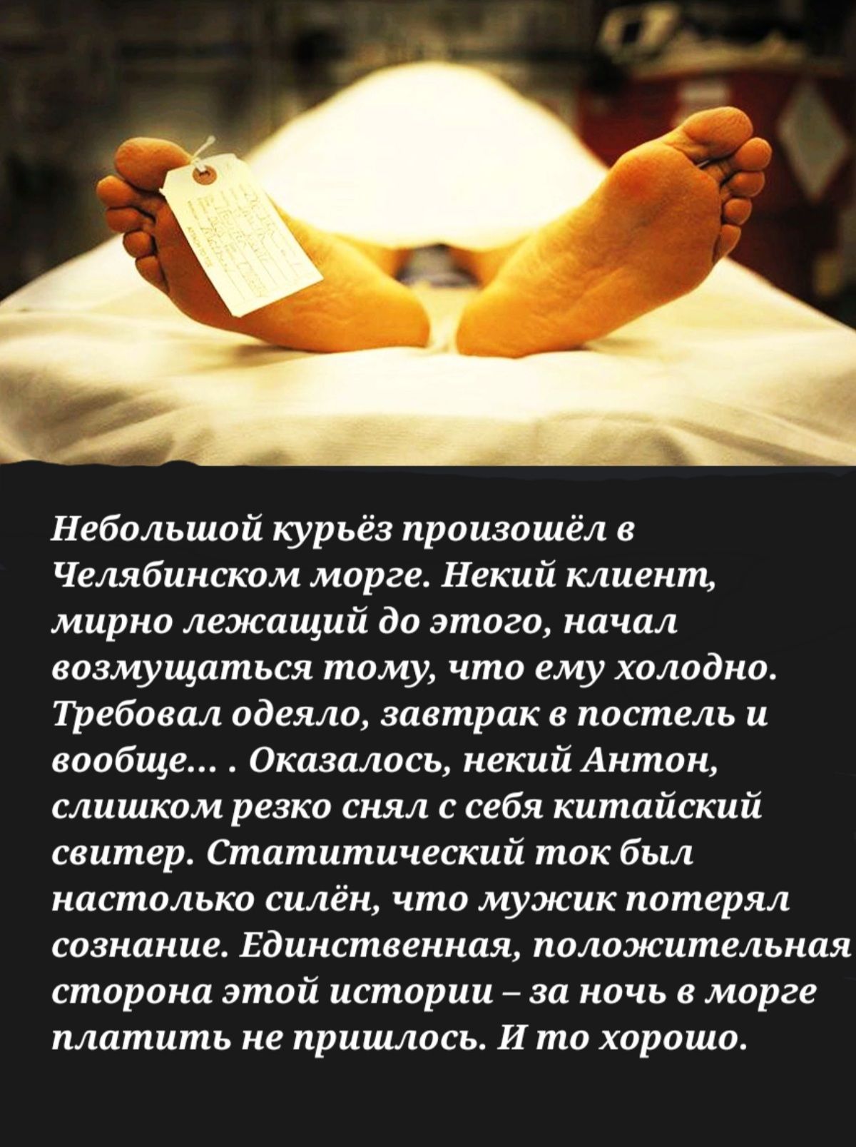 Небольшой курьёз произошёл Челябинском морге Некий клиент мирно лежащий до этого начал возмущаться тому что ему холодно Тробоеал одеяло завтрак в постель и вообще Оказалось некий Антон слишком резко снял с себя китайский свитер Статитический так был настолько силён что мужик потерял сознание Единственная положительная сторона этой истории 7 за ночь в морге платить не пришлось И то хорошо