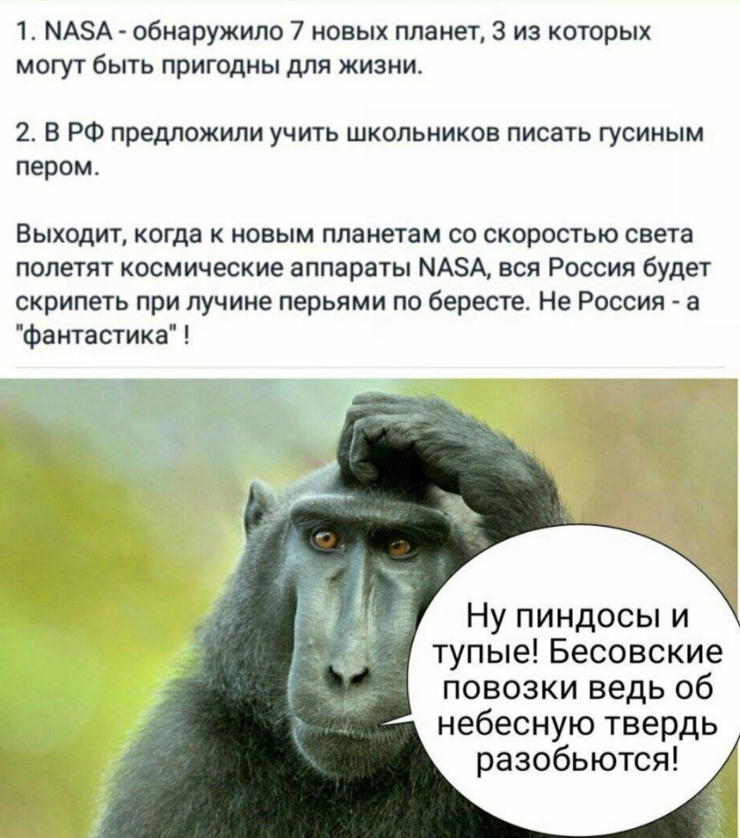 1 МАЗА обнаружило 7 новых планет 3 из которых могут Быть пригодны для жизни 2 в РФ предложили учить шкопьиикоа писать гусиным пером выходит когда к новым пла иетам со скоростью света полетят космические аппараты МАЗА вся Россия будет скрипеть при пучине перьями по бересте не Россия _ а Фаитастика Ну пиндосы и тупые Бесовские повозки ведь об небесную твердь разобьются
