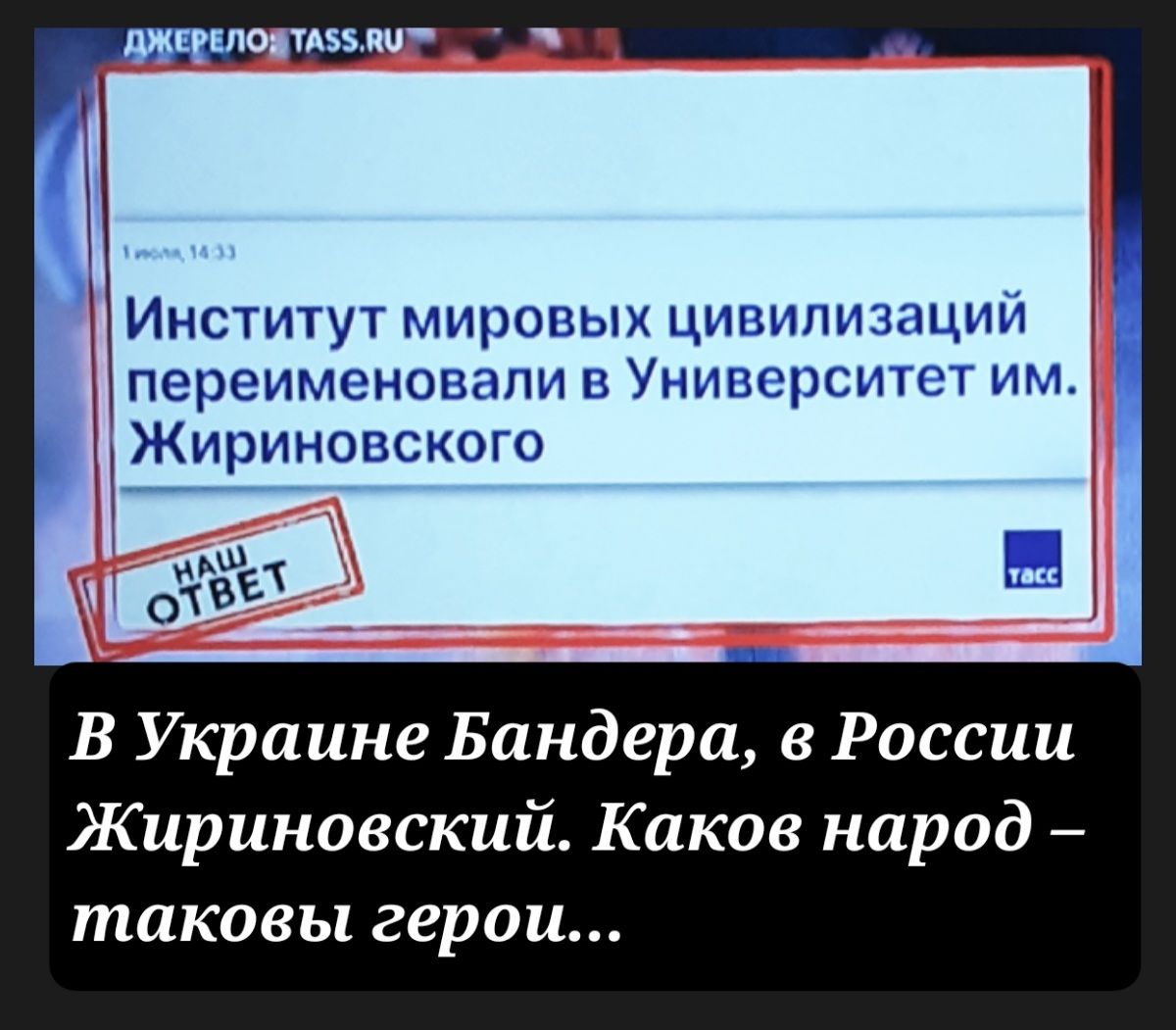 Институт мировых цивилизаций переименовали в Университет им Жириновского В Украине Бандера в России Жириновский Каков народ таковы герои