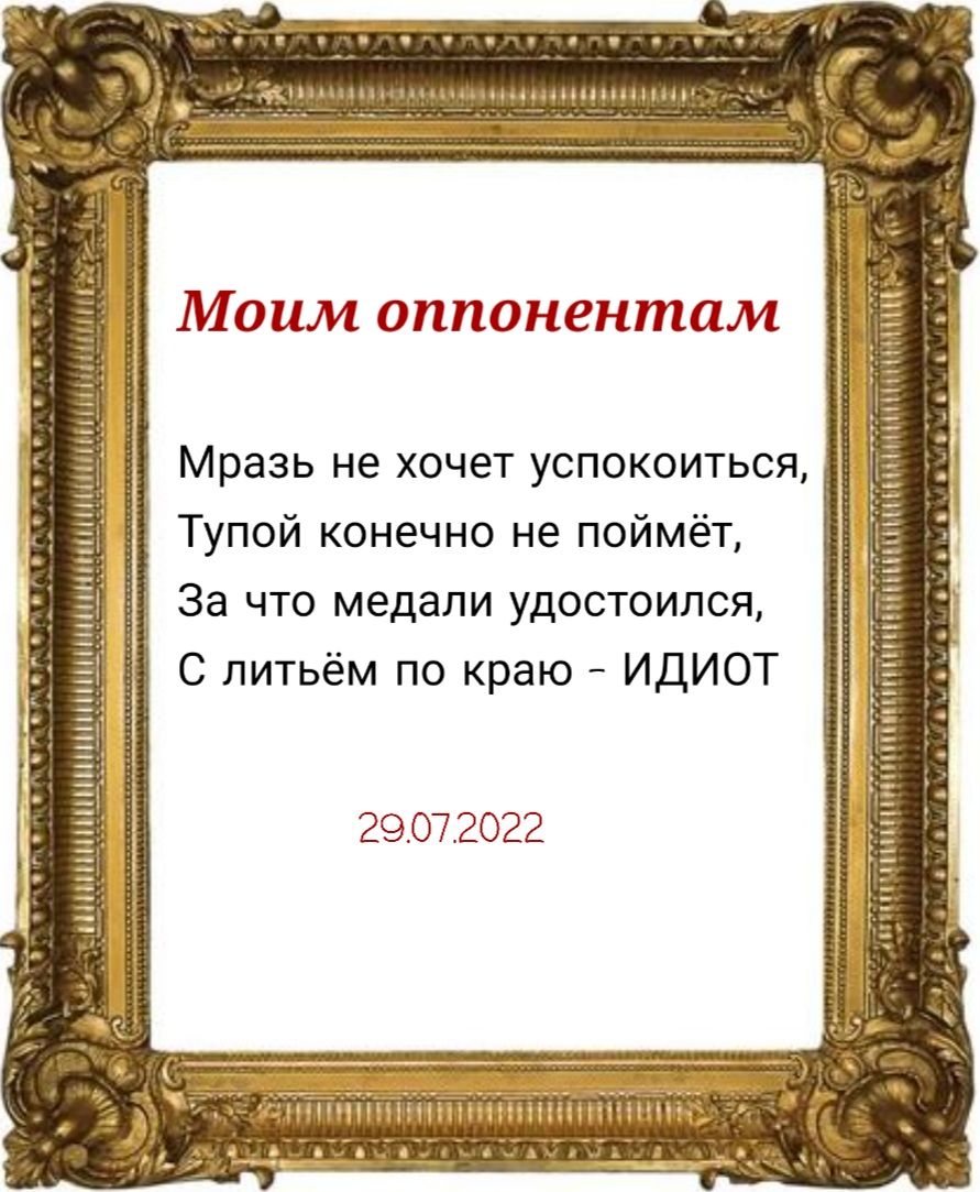 Моим оппонентам Мразь не хочет успокоиться Тупой конечно не поймёъ За что медали удостоился С питьём по краю ИДИОТ 29 07 2022 штппшшннш