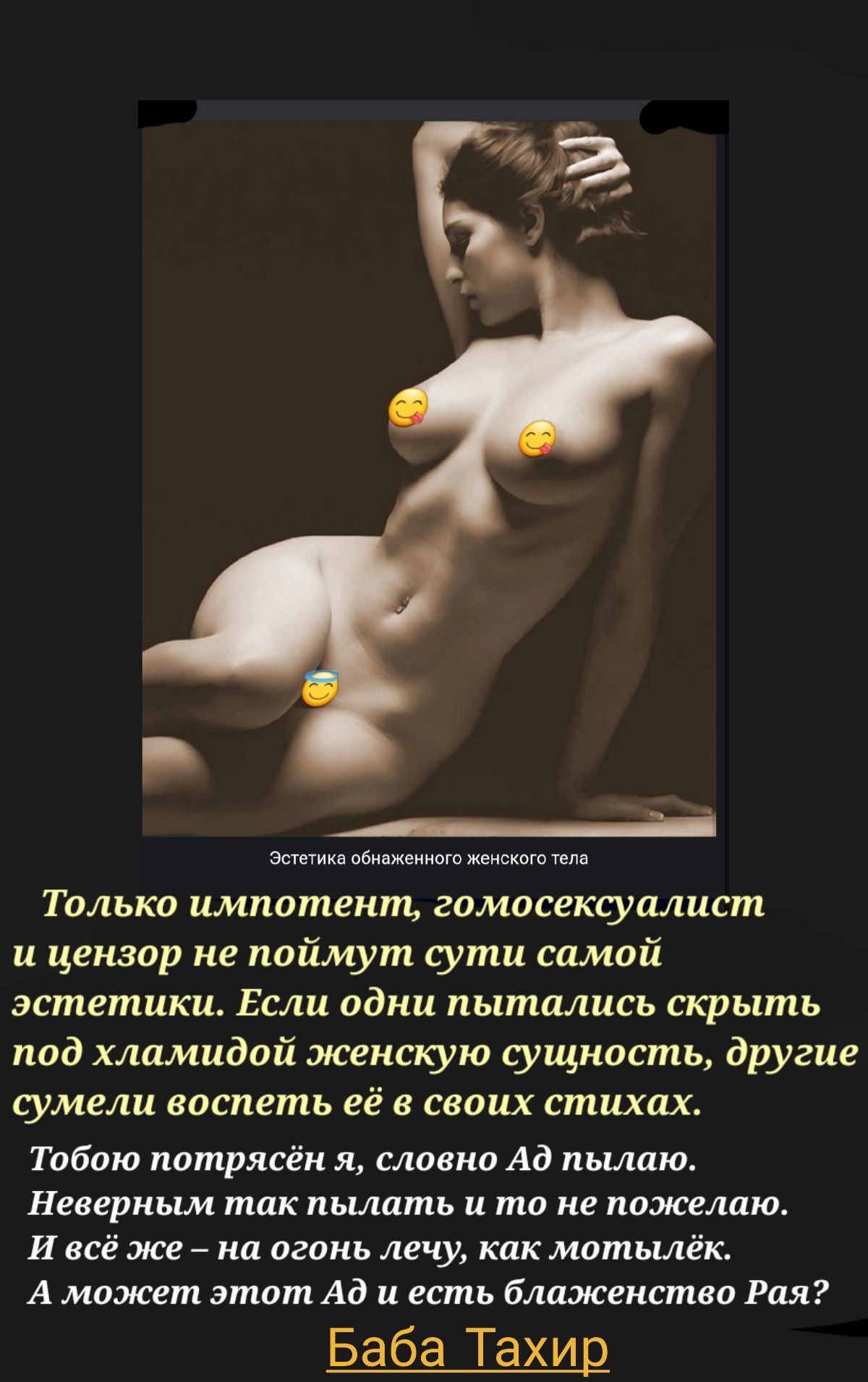 ___ _ Только импотепт гомосекьушшст и цензор не поймут ути самой эстетики Если один пытались скрыть под хламидой женскую сущность другие сумели воспеть её в своих стихах Тобою потрясён я словно Ад пылаю Неверкым так пылать и то не пожелаю И всё же на огонь лечу как мотылёк А может этпт Ад и есть блшекстео Рая Баба Тахир