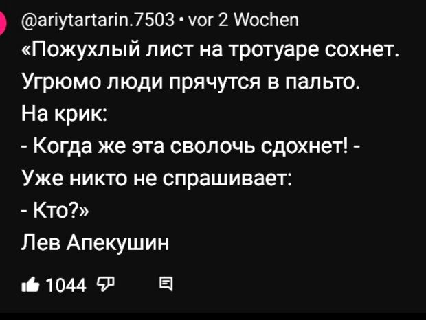 агіуіагагіп7503 чт 2 Аосйеп Пожухлый лист на тротуаре сохнет Угрюмо люди прячутся в пальто На крик Когда же эта сволочь сдохнет Уже никто не спрашивает Кто Лев Апекушин 10449 5