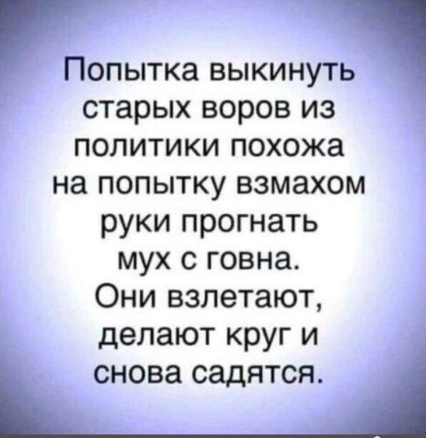 ПОПЫТКЗ ВЫКИНУТЬ старых воров из политики похожа на попытку взмахом руки прогнать мух с говна Они взлетают делают круг и СНОВЗ СЗДЯТСЯ