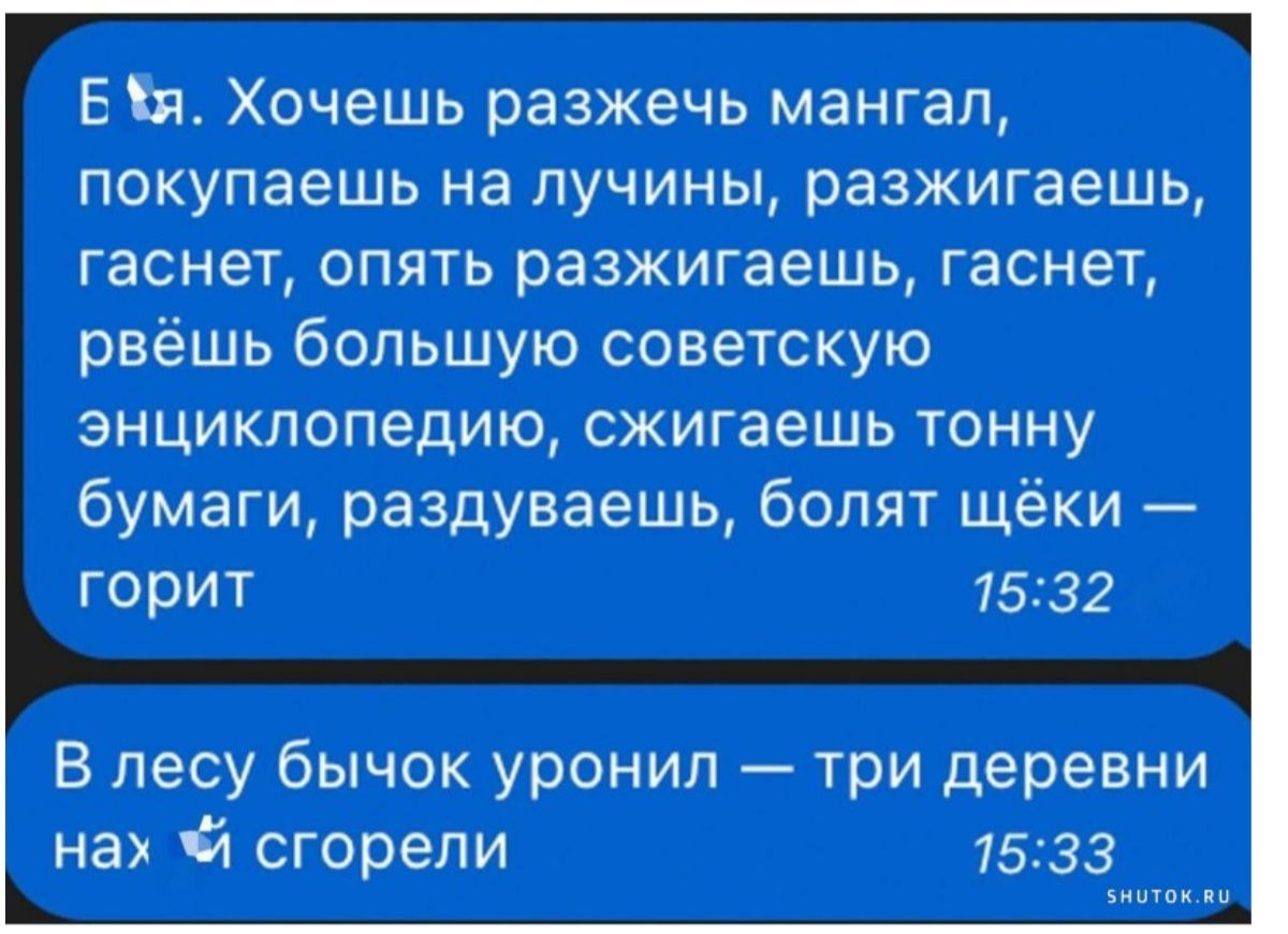 Бя Хочешь разжечь мангал покупаешь на лучины разжигаешь гаснет опять разжигаешь гаснет рвёшь большую советскую энциклопедию сжигаешь тонну бумаги раздуваешь болят щёки горит 1532 В лесу бычок уронил три деревни нах й сгорели 1533