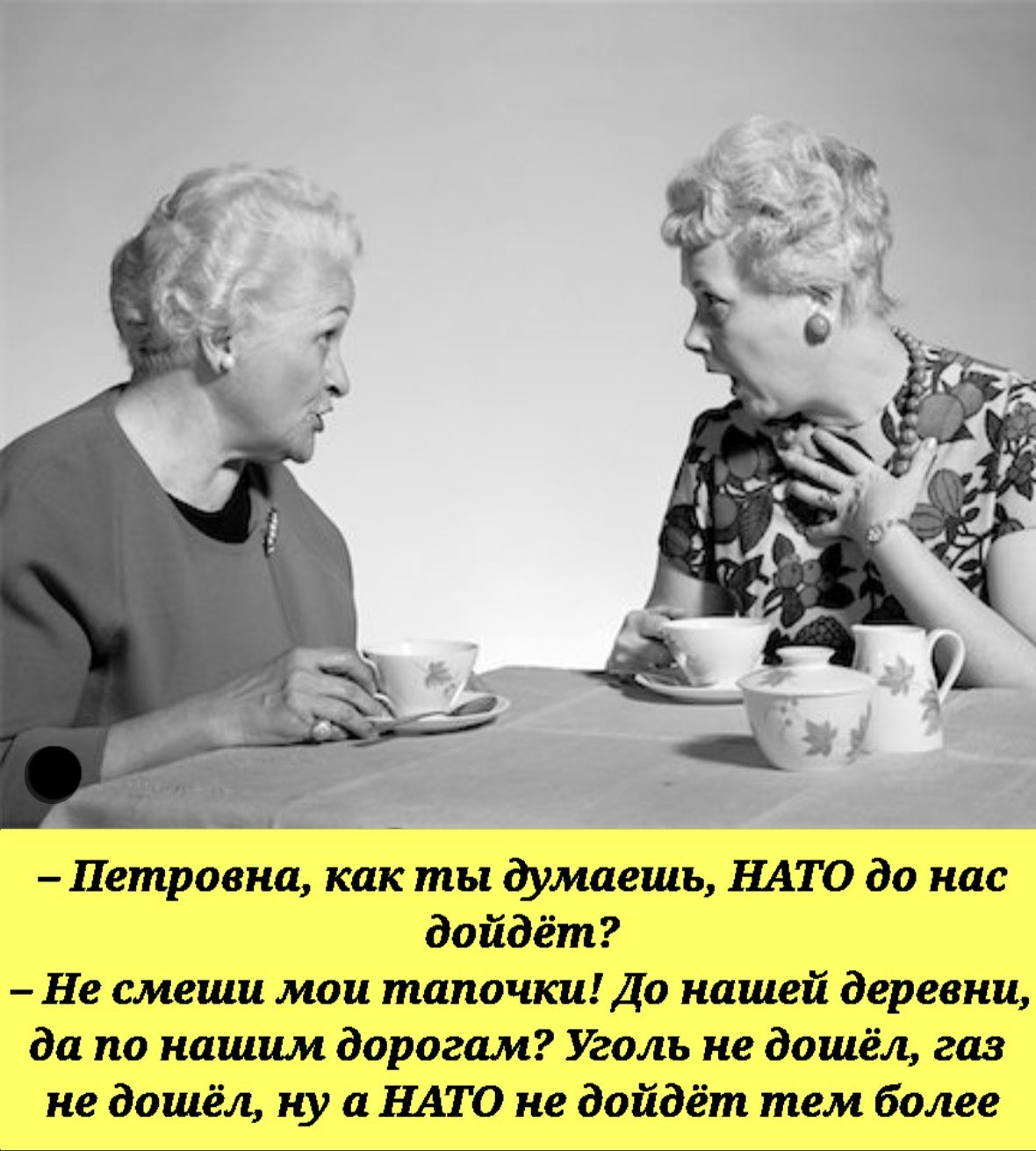 петровна, как ты думаешь, нато до нас дойдёт?  Не смеши мои тапочки! До нашей деревни, да по нашим дорогам? Уголь не дошёл, газ не дошёл, ну а нато не дойдёт тем более