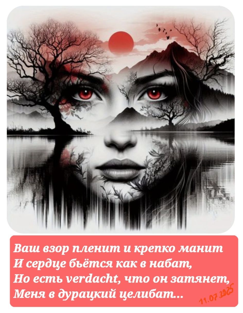 Ваш взор пленит и крепко манит
И сердце бьётся как в набат,
Но есть verdacht, что он затянет,
Меня в дурацкий целибат...