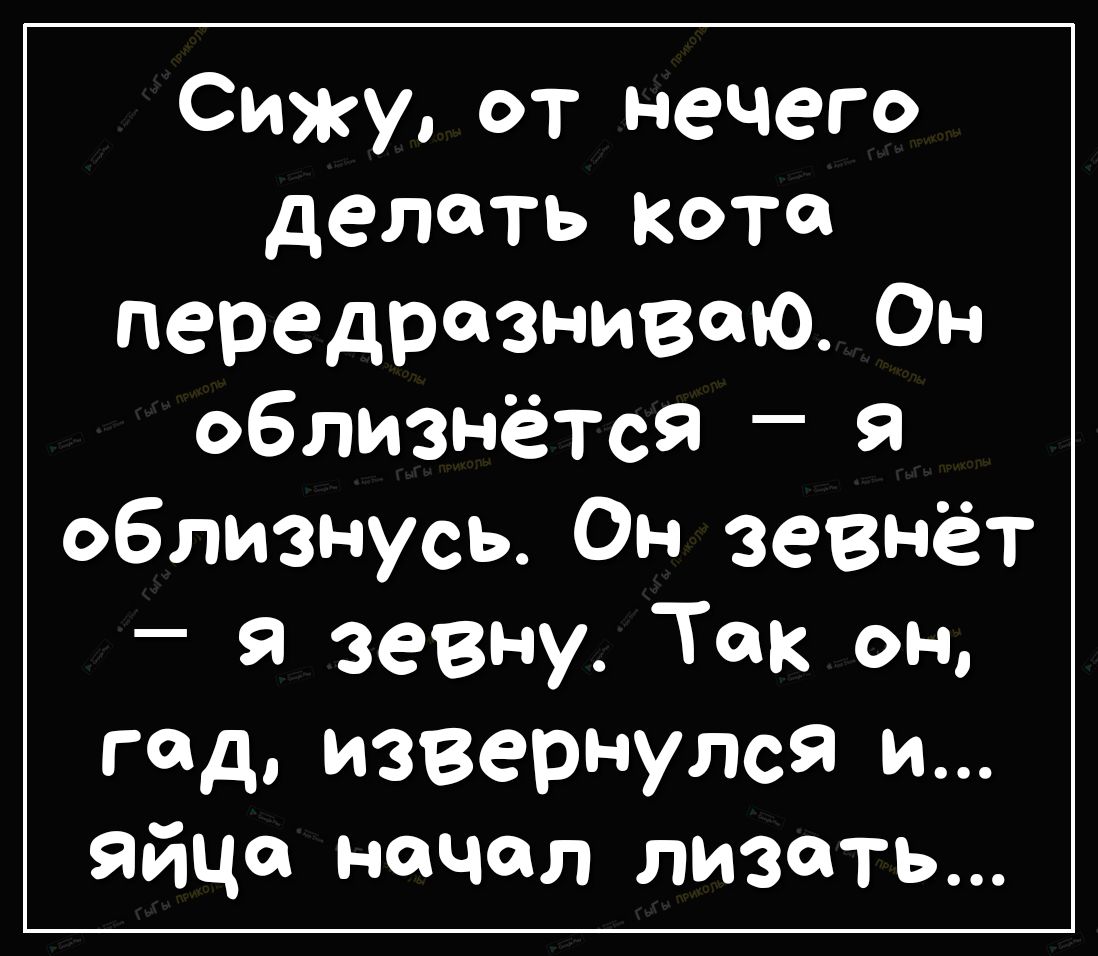 Сижу от нечего делать кота передразниваю Он ОБЛИЗНёТСЯ _ Я облизнусь Он зеВНёТ звену Так он гад извернулся и яйца начал лизать