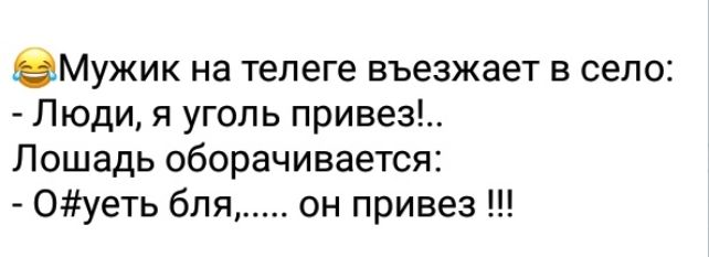 Мужик на телеге въезжает в село Люди я уголь привез Лошадь оборачивается 0уеть бля он привез