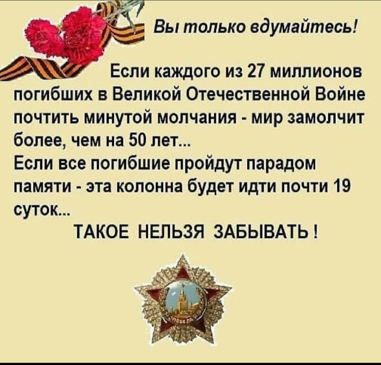 Вы только вдумайтесь Если каждого из 27 миллионов погибших в Великой Отечественной Войне почтить минутой молчания мир замолчит более чем на 50 лет Если все погибшие пройдут парадом памяти эта колонна будет идти почти 19 суток ТАКОЕ НЕЛЬЗЯ ЗАБЫВАТЬ