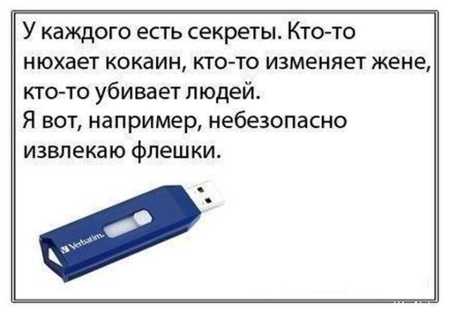 У каждого есть секреты Кто то нюхает кокаин кто то изменяет жене кто то убивает людей Я вот например небезопасно извлекаю флешки